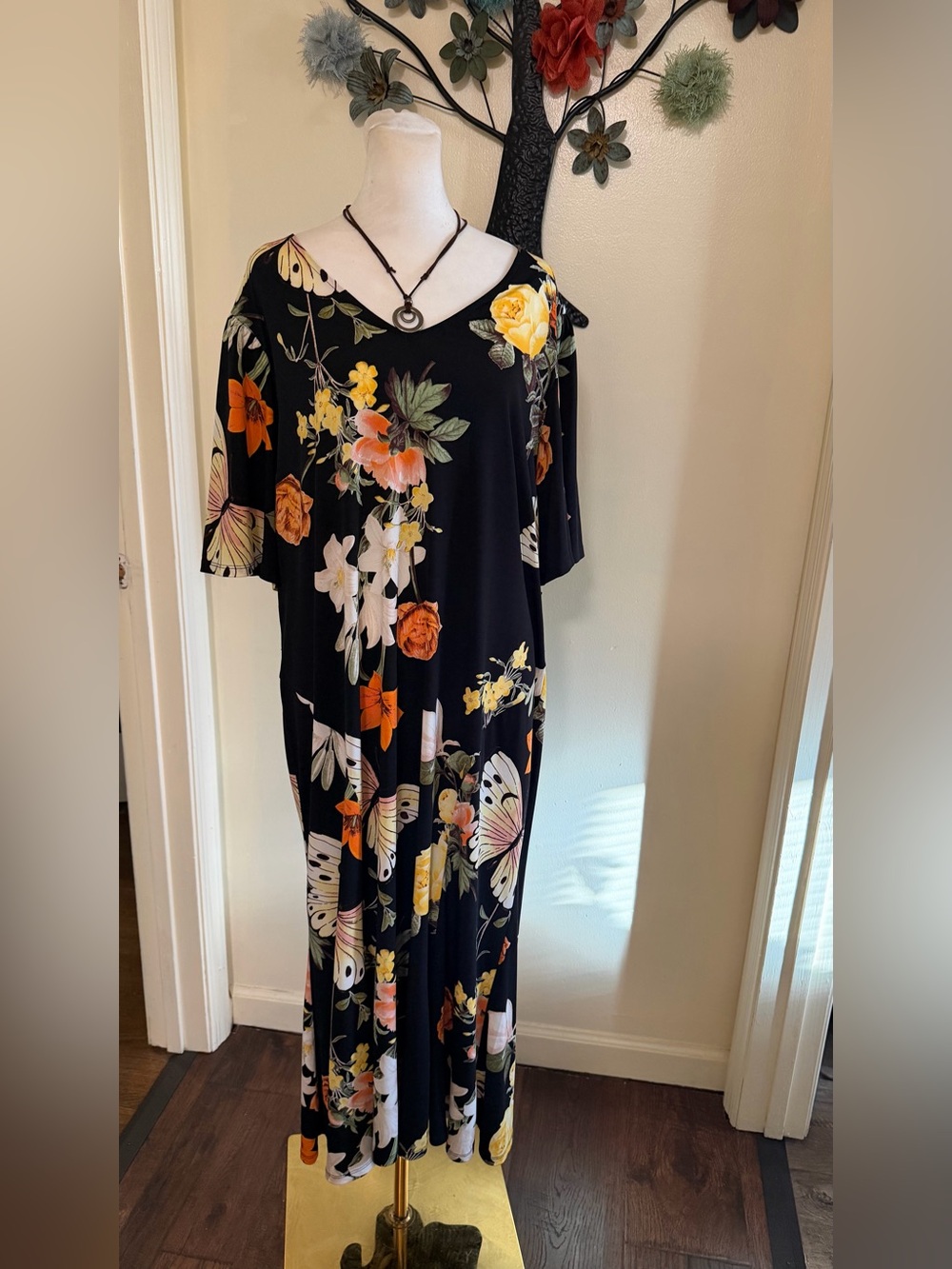 Cato Black Maxi Dress with Yellow & Orange Floral and butterfly print